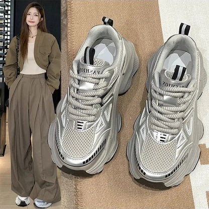 2025 Women's Dad Shoes Spring Summer New Thick Bottom Anti-slip Heightening Mesh Breathable Versatile Lightweight Sports Casual