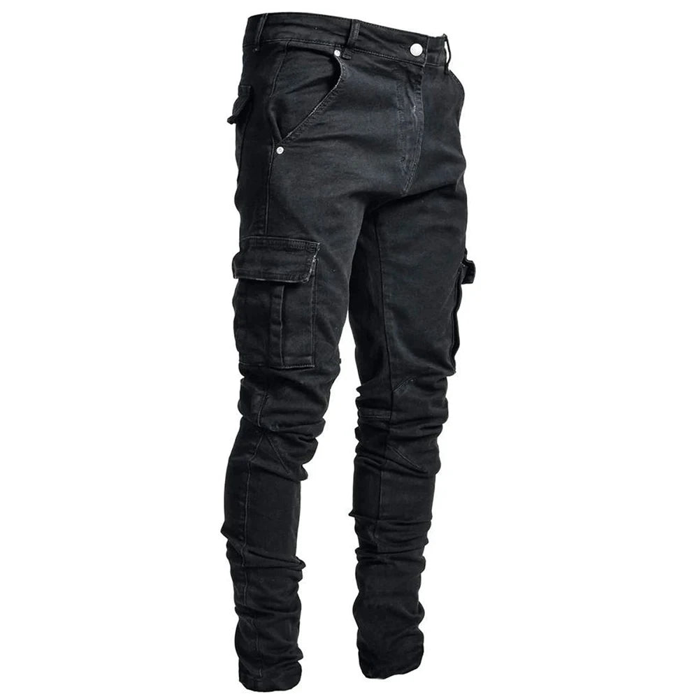 Street Elastic Jeans Men Denim Cargo Pants Wash Solid Color Multi Pockets Casual Mid Waist Trousers Slim Fit Daily Wear Joggers - Premium Kiosk