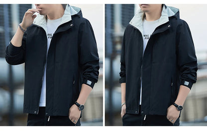 Jacket Men's 2025 Spring and Autumn Fashion Casual Waterproof Hooded Windbreaker Male Outdoor Camping Sports Solid Color Coat