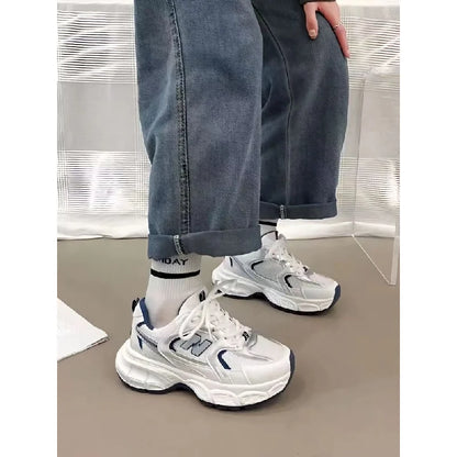 2025  Women's Dad Sneakers, Color-Block Thick-Sole Breathable White Sports Shoes, Casual Running