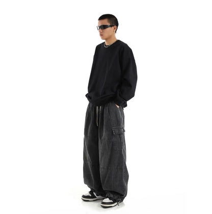 Y2k Black Baggy Cargo Jeans Trousers Men Streetwear Casual Hippie Jogging Wide leg Oversize Old Money Vintage Denim Pants - Premium Kiosk