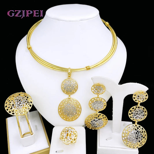 Women  Jewelry Set Two Tone Design Luxury Nigeria Trending Choker Pendant Earrings Ring Bracelet Wedding Party Gift