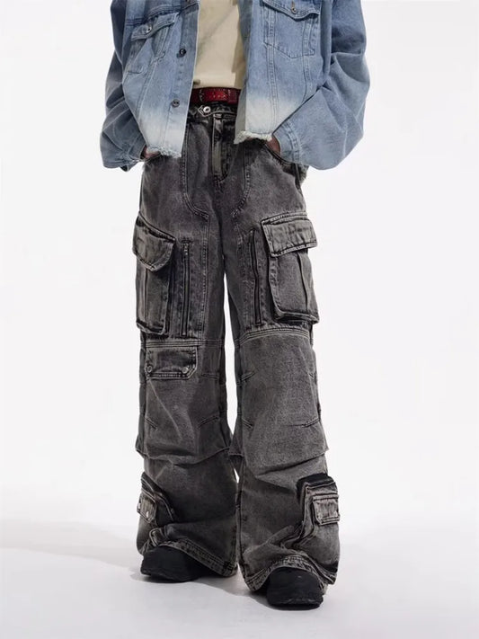 2025 Cyber Y2K Streetwear Washed Grey Baggy Cargo Jeans Pants For Men 90S Vintage Clothes Wide Leg Zipper Gothic Denim Trousers - Premium Kiosk