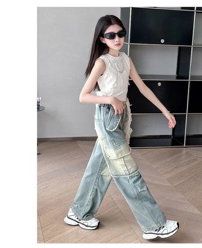 4-14 teen girls Jeans Summer Kids Cargo Pants Fashion casual versatile gradient Side Big Pocket Soft Thin denim wide leg pants - Premium Kiosk