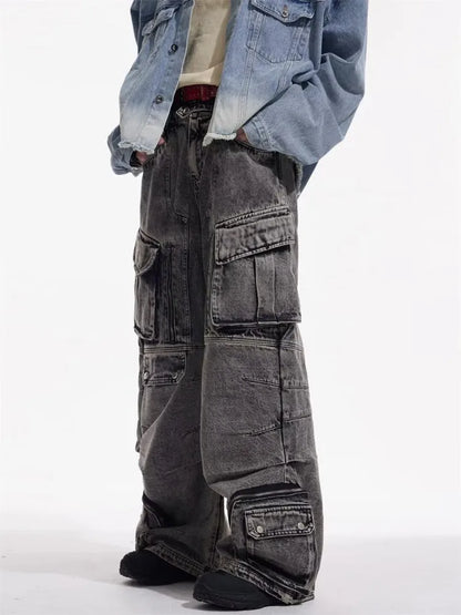 2025 Cyber Y2K Streetwear Washed Grey Baggy Cargo Jeans Pants For Men 90S Vintage Clothes Wide Leg Zipper Gothic Denim Trousers - Premium Kiosk
