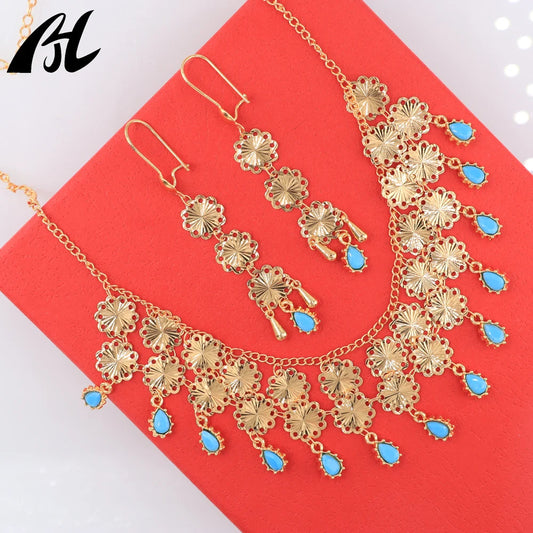 wedding jewelry sets flower necklace jewelry gold plated jewelry 24k Gold Plated Dubai Necklace and Bracelet Set Indian