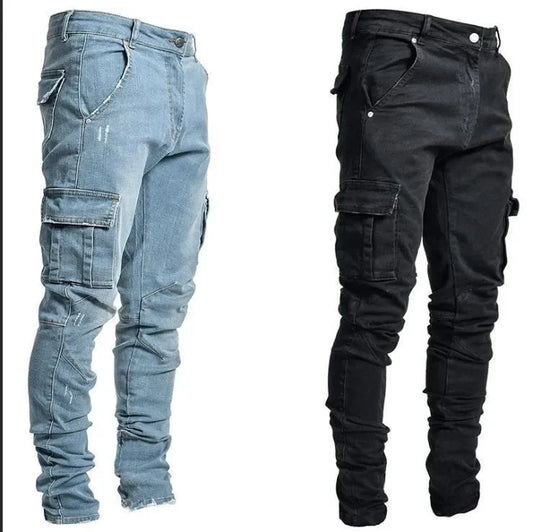 2025 Men Jeans Pencil Pants Cargo Denim Solid Ankle Length Washing Punk Mid Waist Sheath Gothic Slight Strech High Street - Premium Kiosk