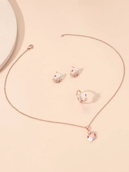 4 Pieces Rose Gold-color Jewelry Set Lady Flower Necklace Ring Earrings Fashion Accessories Zircon Simple Ornate Exquisite