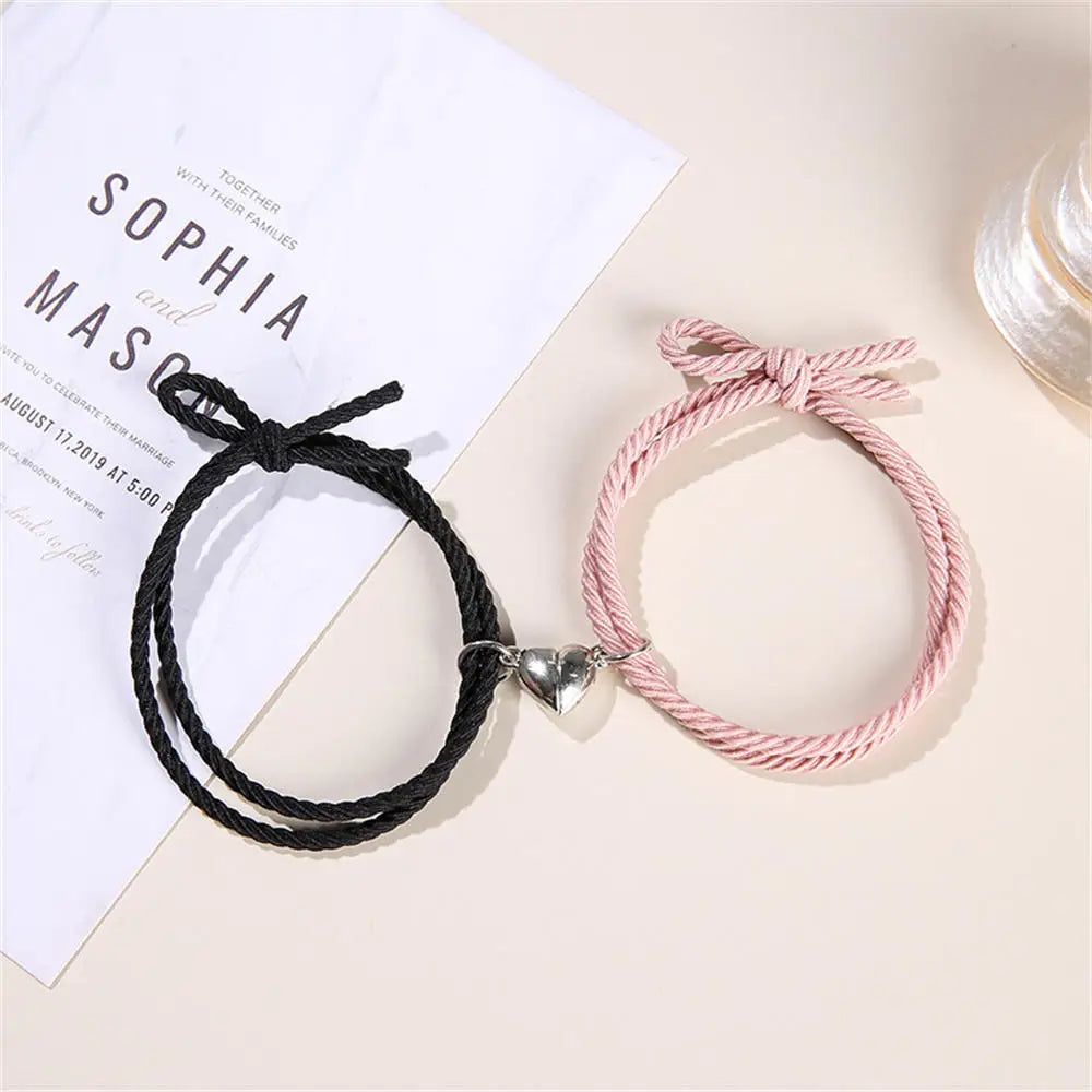 2pcs/Set Rope Braided Bracelet Trendy Alloy Magnet Attachment Couple Bracelet Simple Love Heart Black And White Bracelet Jewelry