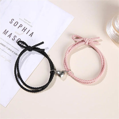 2pcs/Set Rope Braided Bracelet Trendy Alloy Magnet Attachment Couple Bracelet Simple Love Heart Black And White Bracelet Jewelry