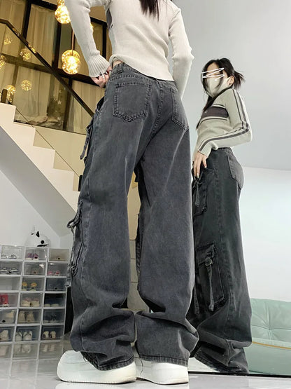 2023 Cyber Y2K Streetwear Grey Distressed Baggy Cargo Jeans Pants For Women Multiple Pockets Wide Leg Hip Hop Lady Old Trousers - Premium Kiosk