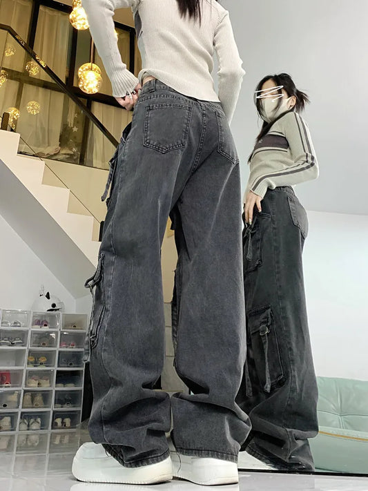 2023 Cyber Y2K Streetwear Grey Distressed Baggy Cargo Jeans Pants For Women Multiple Pockets Wide Leg Hip Hop Lady Old Trousers - Premium Kiosk