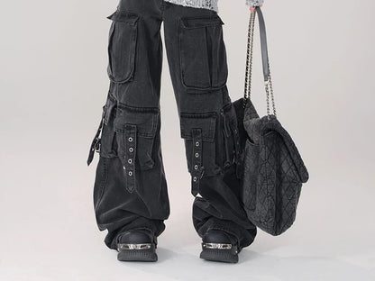 Y2K 2000S Black Cargo Jeans Women Vintage Streetwear Wide Leg Denim Pants Harajuku Aesthetic High Waist Baggy Straight Trousers - Premium Kiosk