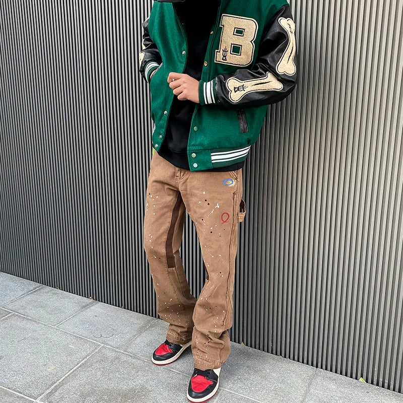 2023 Streetwear Graffiti Cargo Flared Jeans Khaki Black Splash Ink Wide Leg Denim Pant Hip Hop Cargo Trousers Jean Men - Premium Kiosk