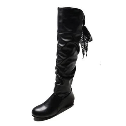 2024Shoes For Women  Knee High Boots Red Black White Tall Boots Woman Pleated Low Heel Casual Leather Female Long Shoes