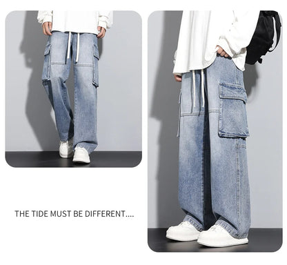 Men's Straight Cargo Jeans New Elastic Waist Multi-pockets Baggy Denim Pants Y2K Fashion Harajuku Streetwear Trousers Male - Premium Kiosk