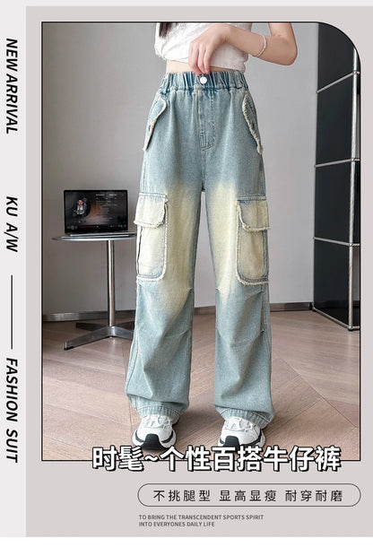 4-14 teen girls Jeans Summer Kids Cargo Pants Fashion casual versatile gradient Side Big Pocket Soft Thin denim wide leg pants - Premium Kiosk