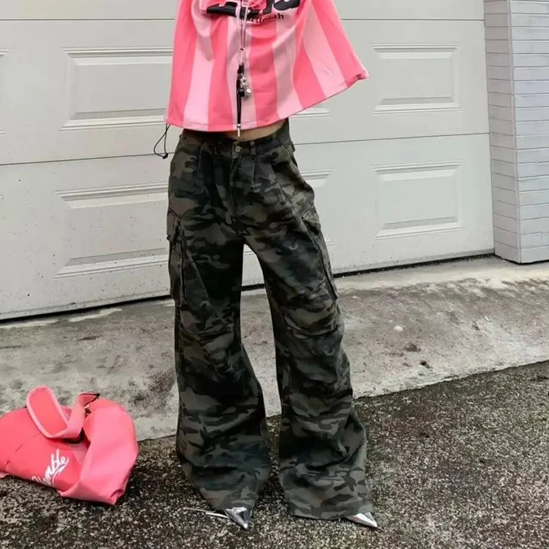 Women Y2K Camouflage Cargo Jeans Vintage High Waist Hip Hop Wide Leg Pants Female Street Wear Baggy Straight Denim Trouser - Premium Kiosk