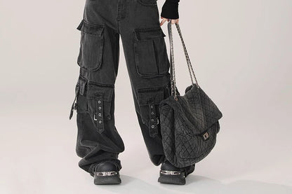 Y2K 2000S Black Cargo Jeans Women Vintage Streetwear Wide Leg Denim Pants Harajuku Aesthetic High Waist Baggy Straight Trousers - Premium Kiosk