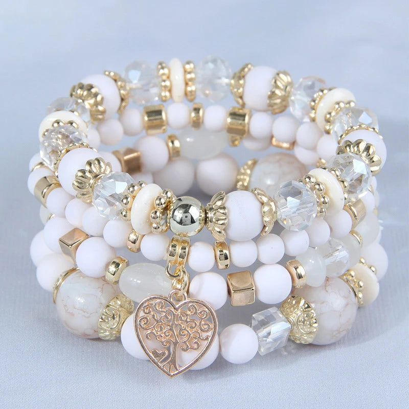 4 Pieces Stretch Beaded Bracelets Set For Women Heart Pendant Adjustable Colorful Charms New Fashion Jewelry Glass Stones C1338