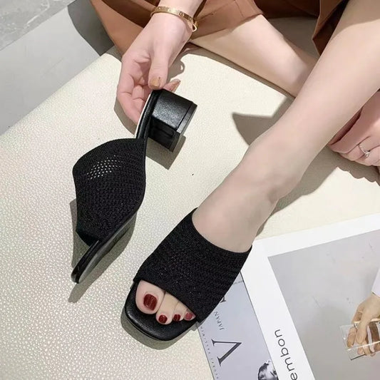 Women Slippers 2022 Summer Closed Toe Comfort Slippers Women Outdoor Fashion Fly Weave Sandals Women Medium Heel Slippers - Premium Kiosk
