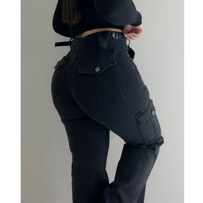 Women Straight Cargo Jeans Women's Streetwear Stretchy High Waisted Jeans Unique Multi-Pocket Female Trousers Pocket Design - Premium Kiosk