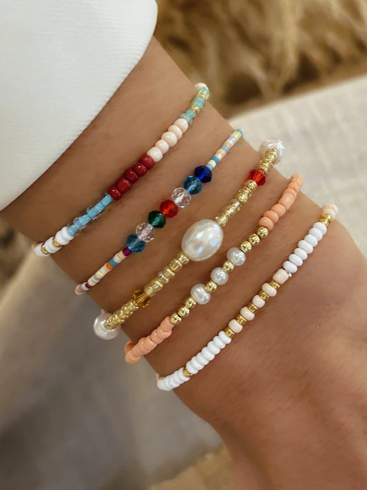 5PCS Bohemian Handmade Colorful Beaded Stackable Elastic Bracelet Surfing Vacation Jewelry