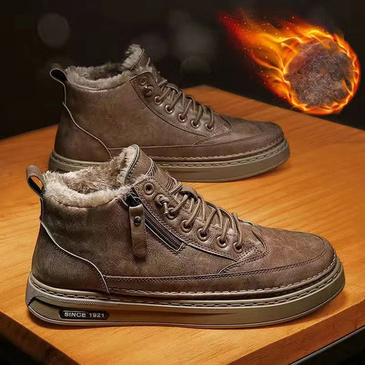 Winter fleece boots men's high-top shoes men's trend versatile leather shoes casual platform thermal cotton shoes