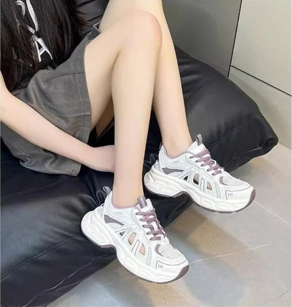 2025 New Fashion Dad Shoes -Breathable Hollow-Out Sneakers with Contrast Laces, Lightweight Summer Walking Shoes for Travel