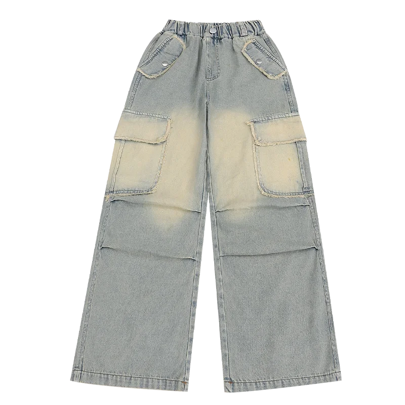 4-14 teen girls Jeans Summer Kids Cargo Pants Fashion casual versatile gradient Side Big Pocket Soft Thin denim wide leg pants - Premium Kiosk