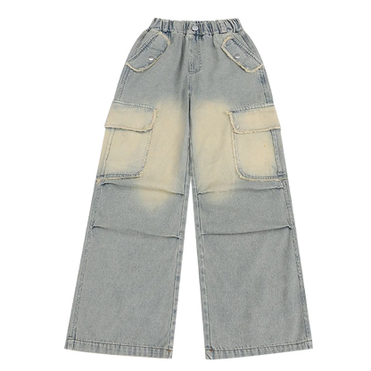4-14 teen girls Jeans Summer Kids Cargo Pants Fashion casual versatile gradient Side Big Pocket Soft Thin denim wide leg pants - Premium Kiosk