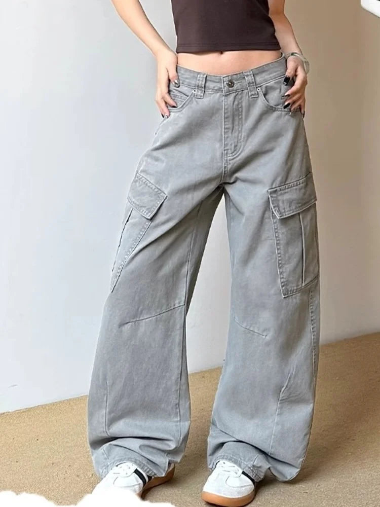 2025 Ropa Y2K Fashion Vintage Grey Baggy Cargo Jeans Pants For Women Clothing Wide Leg Kpop Casual Lady Trousers Pantalon Femme - Premium Kiosk
