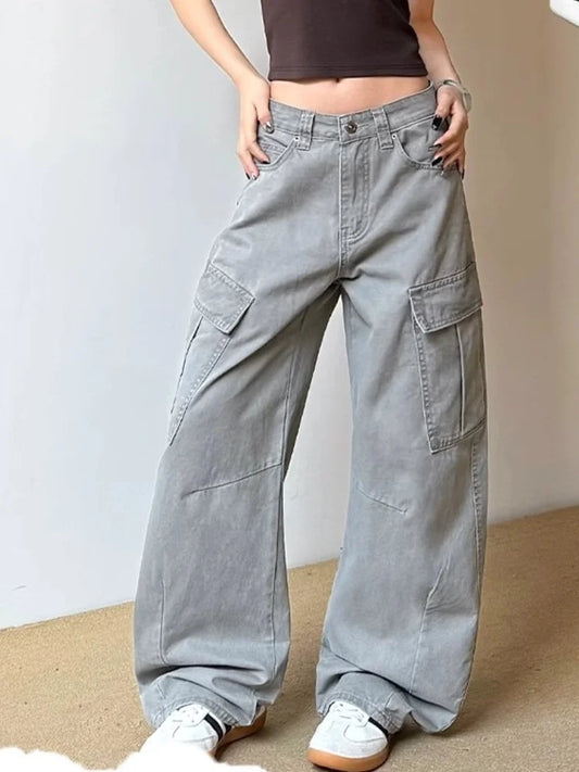 2025 Ropa Y2K Fashion Vintage Grey Baggy Cargo Jeans Pants For Women Clothing Wide Leg Kpop Casual Lady Trousers Pantalon Femme - Premium Kiosk