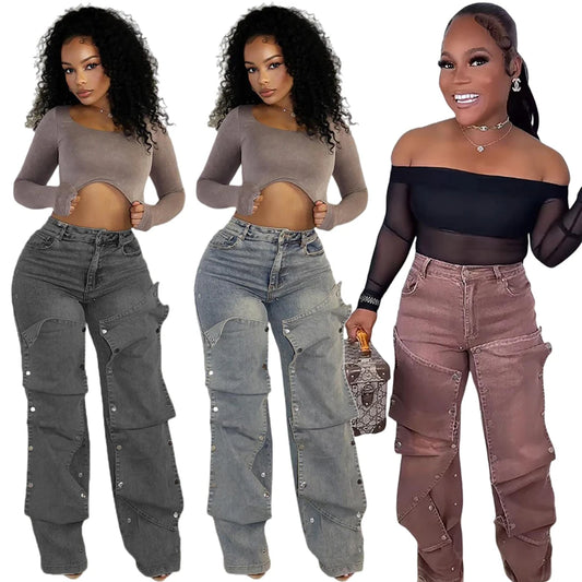 Women Streetwear Button Cutout Cargo Straight Denim Wide Leg Jeans Pants 2024 Elastic INS Fashion Party Cargo Trousers - Premium Kiosk