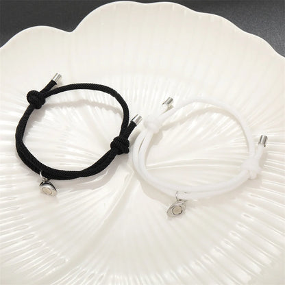 2pcs/Set Rope Braided Bracelet Trendy Alloy Magnet Attachment Couple Bracelet Simple Love Heart Black And White Bracelet Jewelry