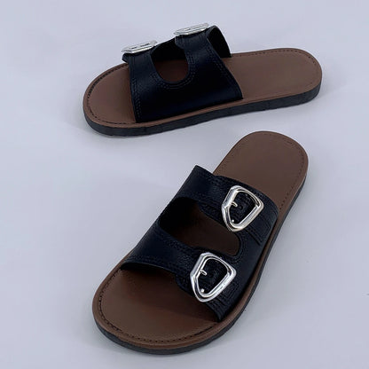 2025 New Slippers for Women Summer Outerwear Fashionable French Flat Soft Sole Anti-Slip Beach Belt Buckle Sandals - Premium Kiosk