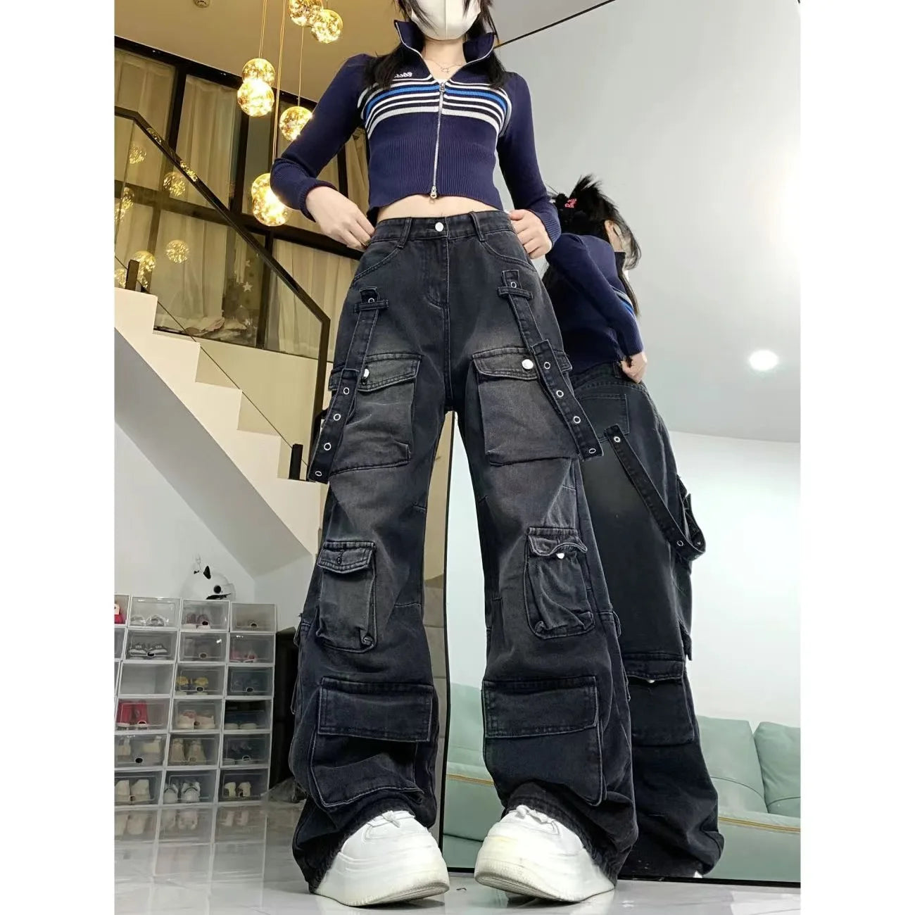 Women's Black  Baggy Cargo Jeans Harajuku Oversize Denim Trousers Y2k 90s Vintage 2000s  Jean Pants Trashy Clothes 2025 - Premium Kiosk