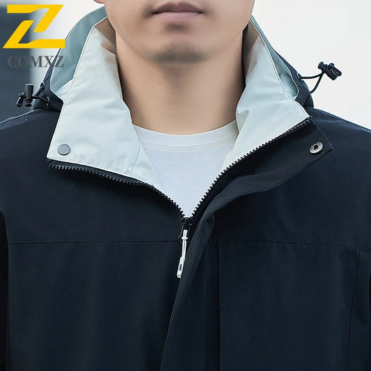 Jacket Men's 2025 Spring and Autumn Fashion Casual Waterproof Hooded Windbreaker Male Outdoor Camping Sports Solid Color Coat
