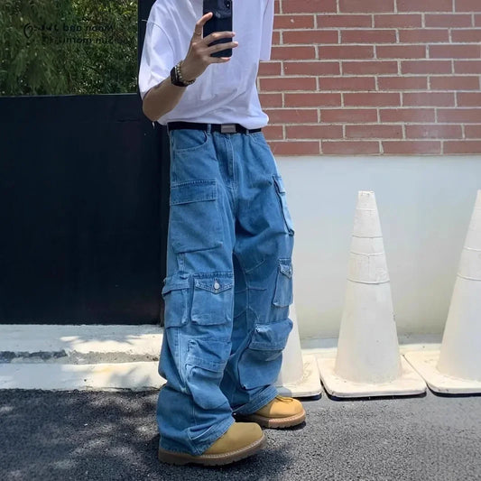 Men's Cargo Jeans Spring New Fashion Hip Hop Streetwear Multi Pocket Loose Blue Wide Legs Denim Pants Personalized Y2K Trousers