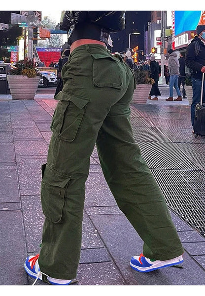 Womens New Denim Cargo Pants Retro Loose Trousers Multi Pocket Hip Hop Jeans Streetwear Wide Leg Casual Straight Pants TC708321 - Premium Kiosk