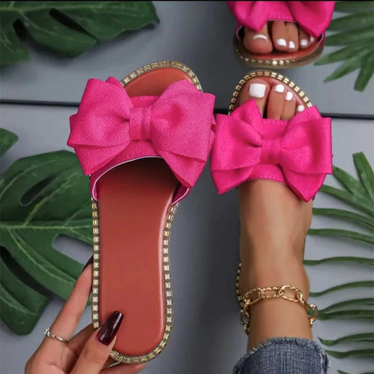 Women Slippers 2025 New Fashion Sandals Slides Women Summer Bow Keep Warm Shoes for Women Flat Heel Plus Size Zapatos De Mujer - Premium Kiosk