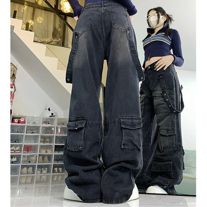 Women's Black  Baggy Cargo Jeans Harajuku Oversize Denim Trousers Y2k 90s Vintage 2000s  Jean Pants Trashy Clothes 2025 - Premium Kiosk