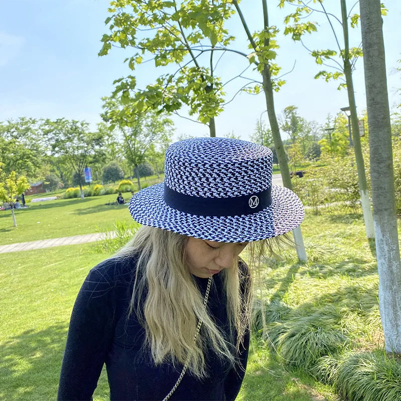 Women's Spring and Summer British Houndstooth Top Hats Seaside Sun Protection Beach Sun Hats Vacation Casual Top Hats