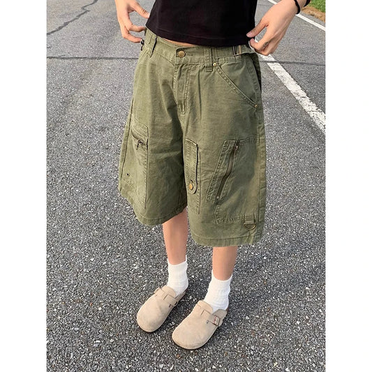 ZHIZOU Women Cargo Short Jeans American Vintage Y2K Straight Streetwear Wide Leg Pants High Waist Summer Knee Length Denim Short - Premium Kiosk