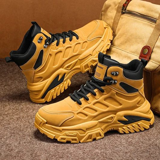 2025 Men's high-top thick-sole casual shoes versatile mixed material daddy sneakers outdoor tooling wear-resistant men's shoes