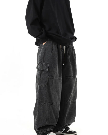 Y2k Black Baggy Cargo Jeans Trousers Men Streetwear Casual Hippie Jogging Wide leg Oversize Old Money Vintage Denim Pants - Premium Kiosk