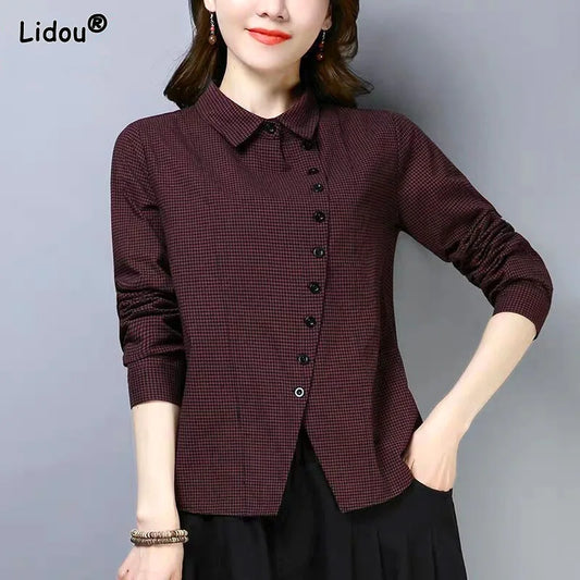 Women's Clothing  2022 Blouses Women Shirt thin Slim creative irregular Button turn-down collar lattice  spring summer leisure