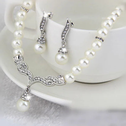 Women's 2 Piece Jewelry Sets One Gold Color Necklace + 1 Pair Earrings Wedding Bridal Pearl Elegant Decoration Pendientes Gifts