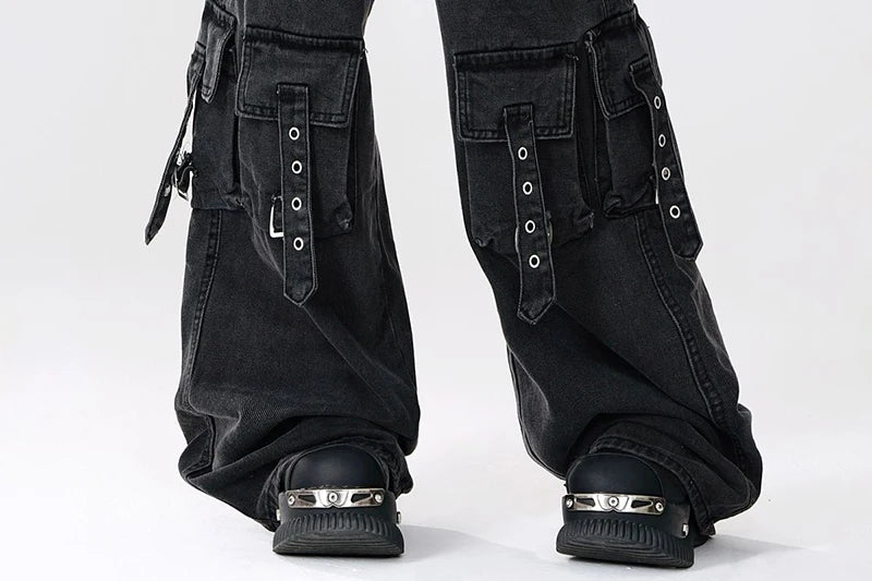 Y2K 2000S Black Cargo Jeans Women Vintage Streetwear Wide Leg Denim Pants Harajuku Aesthetic High Waist Baggy Straight Trousers - Premium Kiosk