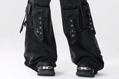 Y2K 2000S Black Cargo Jeans Women Vintage Streetwear Wide Leg Denim Pants Harajuku Aesthetic High Waist Baggy Straight Trousers - Premium Kiosk